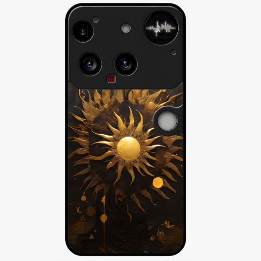 Golden Sun Majesty Glass Case showing flat back view with radiant golden sun artwork and glossy glass finish.
