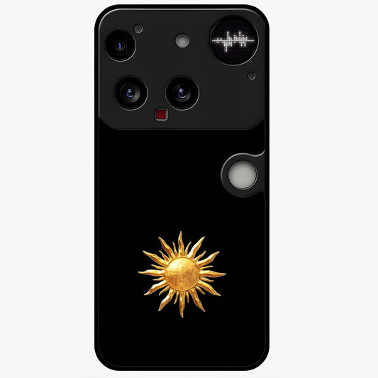 Golden Sun Minimalism Glass Case showing flat back view with minimal golden sun artwork and glossy glass finish.