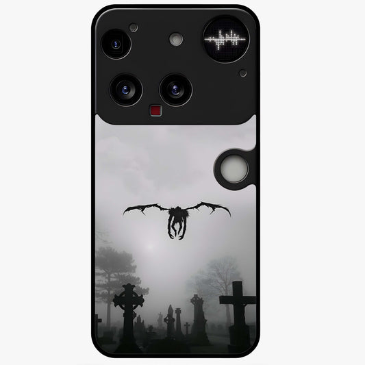 Graveyard Shadow Descent Glass Case showing flat back view with dark graveyard themed artwork and glossy glass finish.