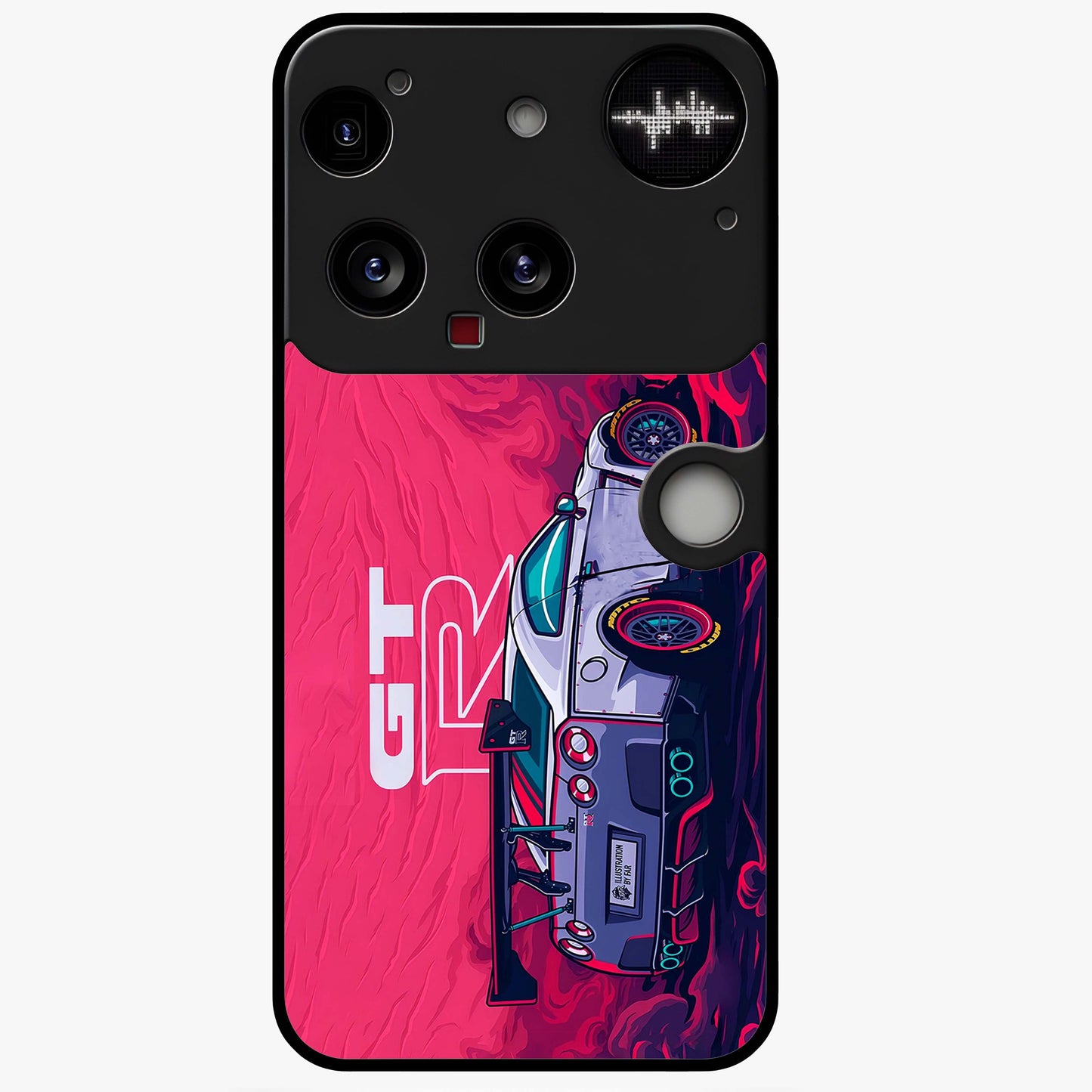 GT-R Car Pattern Glass Case showing flat back view with sporty car inspired pattern artwork and glossy glass finish.