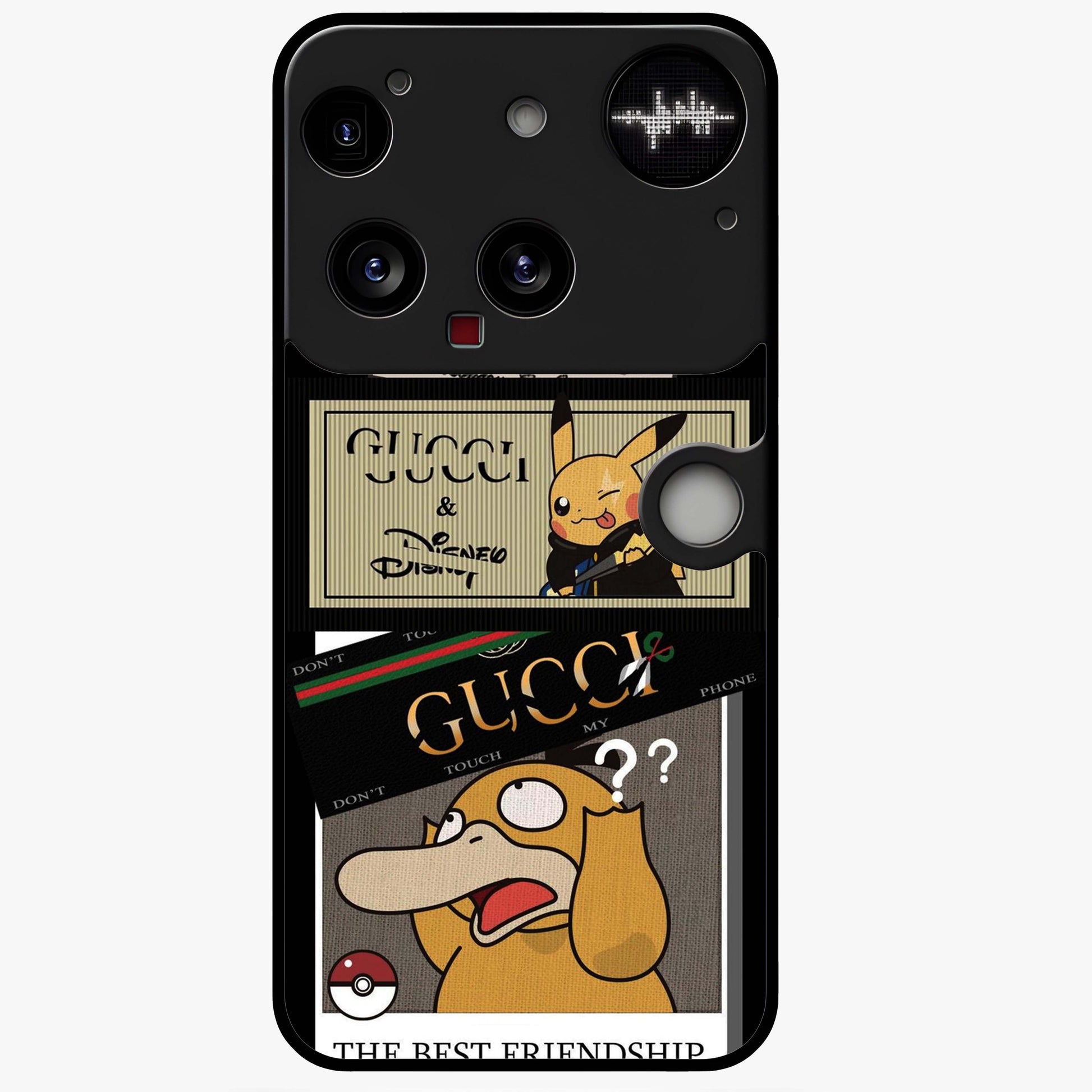 Gucci Play Mashup Glass Case showing flat back view with luxury inspired graphic artwork and glossy glass finish.