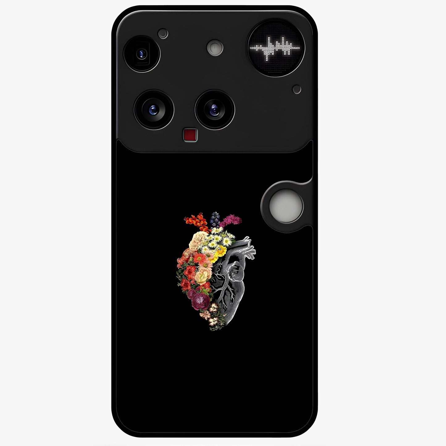 Heart With Flowers Glass Case showing flat back view with heart shaped floral artwork and glossy glass finish.