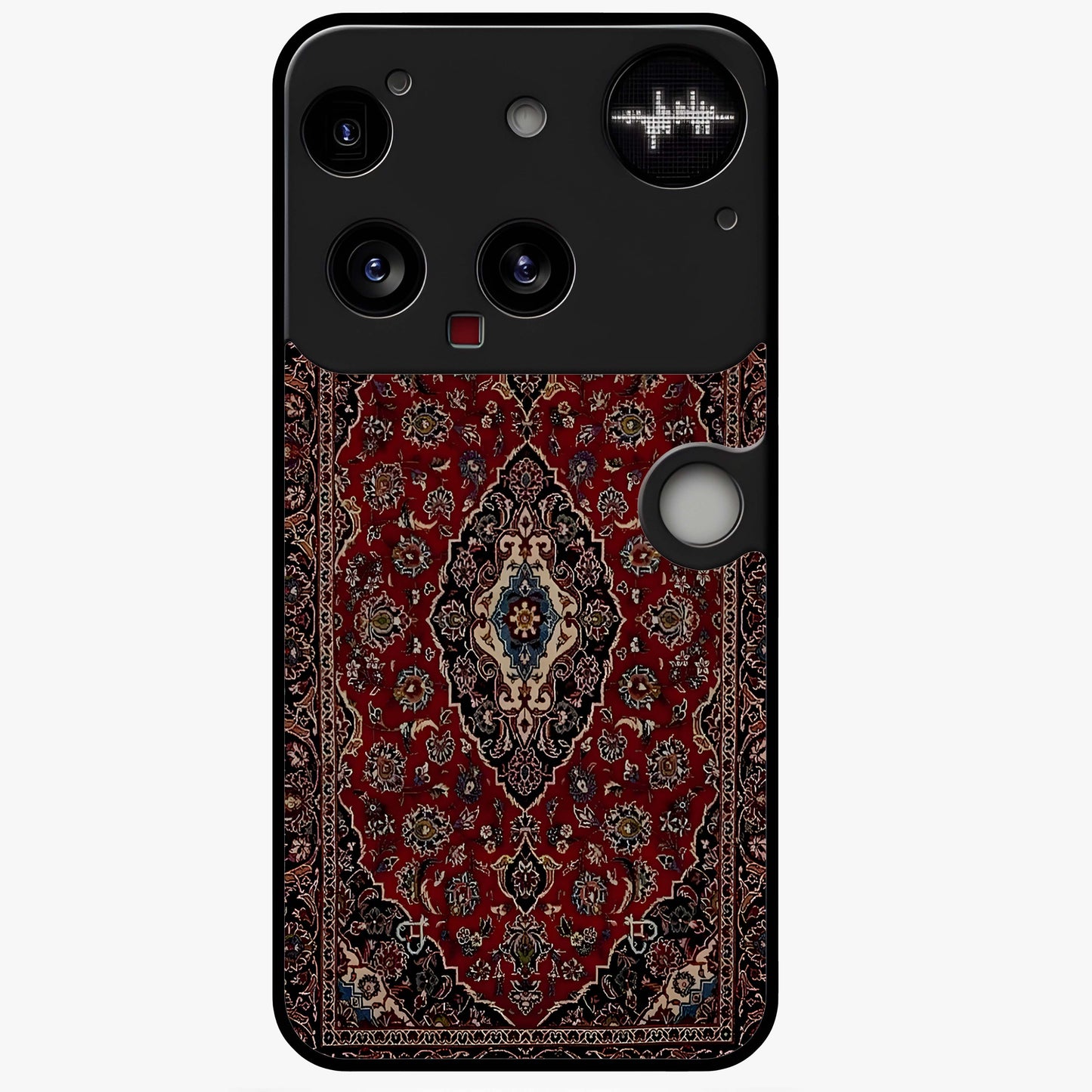 Heritage Carpet Royale Glass Case showing flat back view with ornate Persian carpet inspired pattern and glossy glass finish.