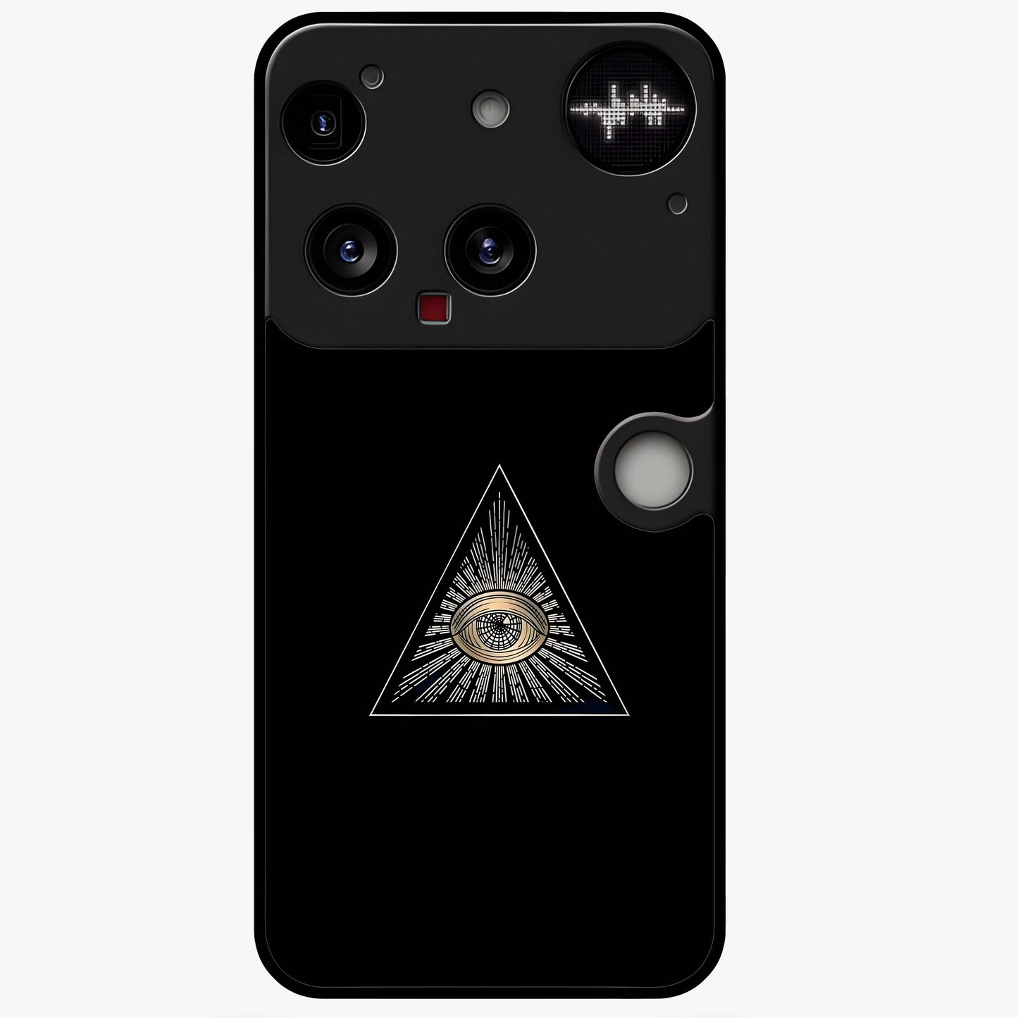 Illuminati Evil Glass Case showing flat back view with mysterious illuminati symbol artwork and glossy glass finish.