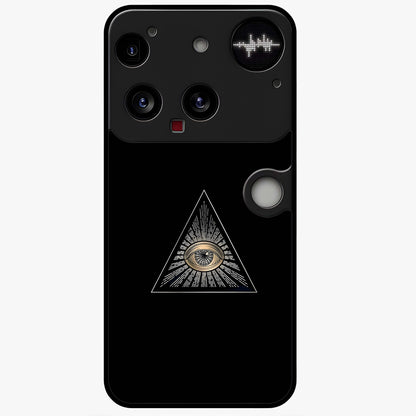 Illuminati Evil Glass Case showing flat back view with mysterious illuminati symbol artwork and glossy glass finish.