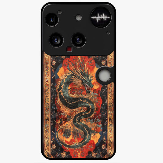Inferno Dragon Soul Glass Case showing flat back view with fiery dragon artwork and glossy glass finish.