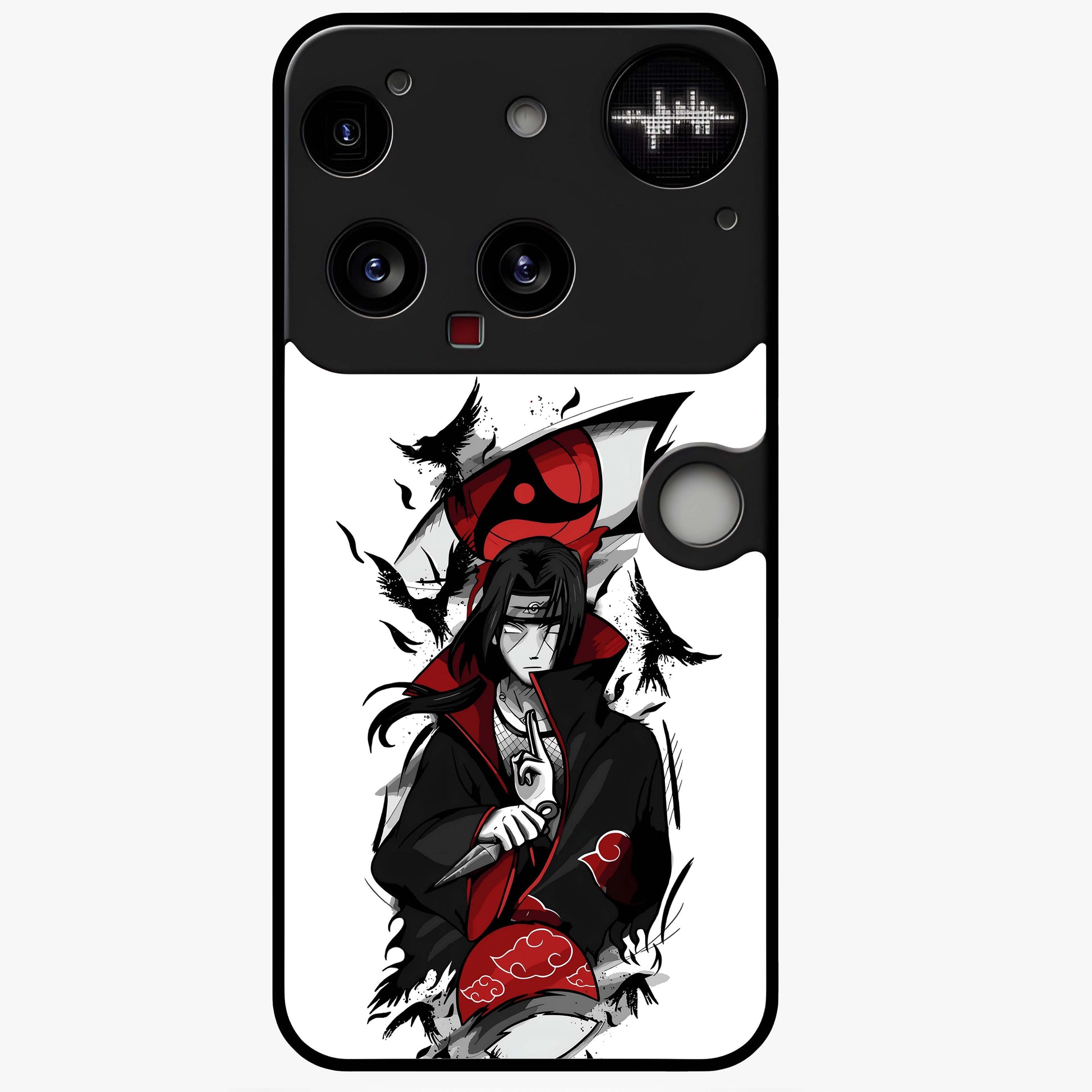 Itachi Sharingan Glass Case showing flat back view with powerful anime eye artwork and glossy glass finish.