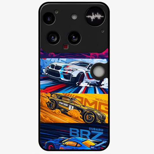 JDM Sports Car Glass Case showing flat back view with high performance sports car artwork and glossy glass finish.