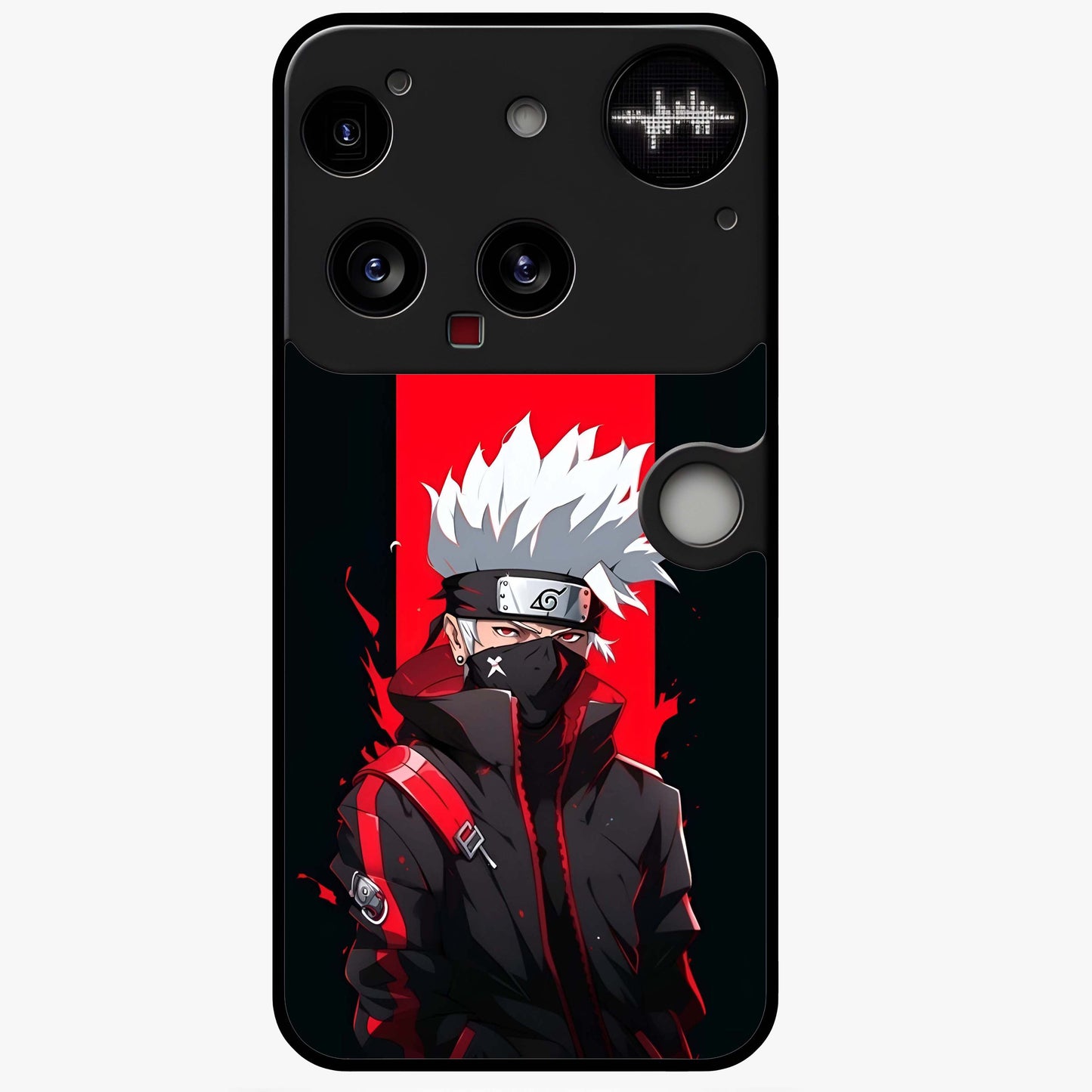 Kakashi Scarlet Shadow Glass Case showing flat back view with powerful anime ninja artwork and glossy glass finish.