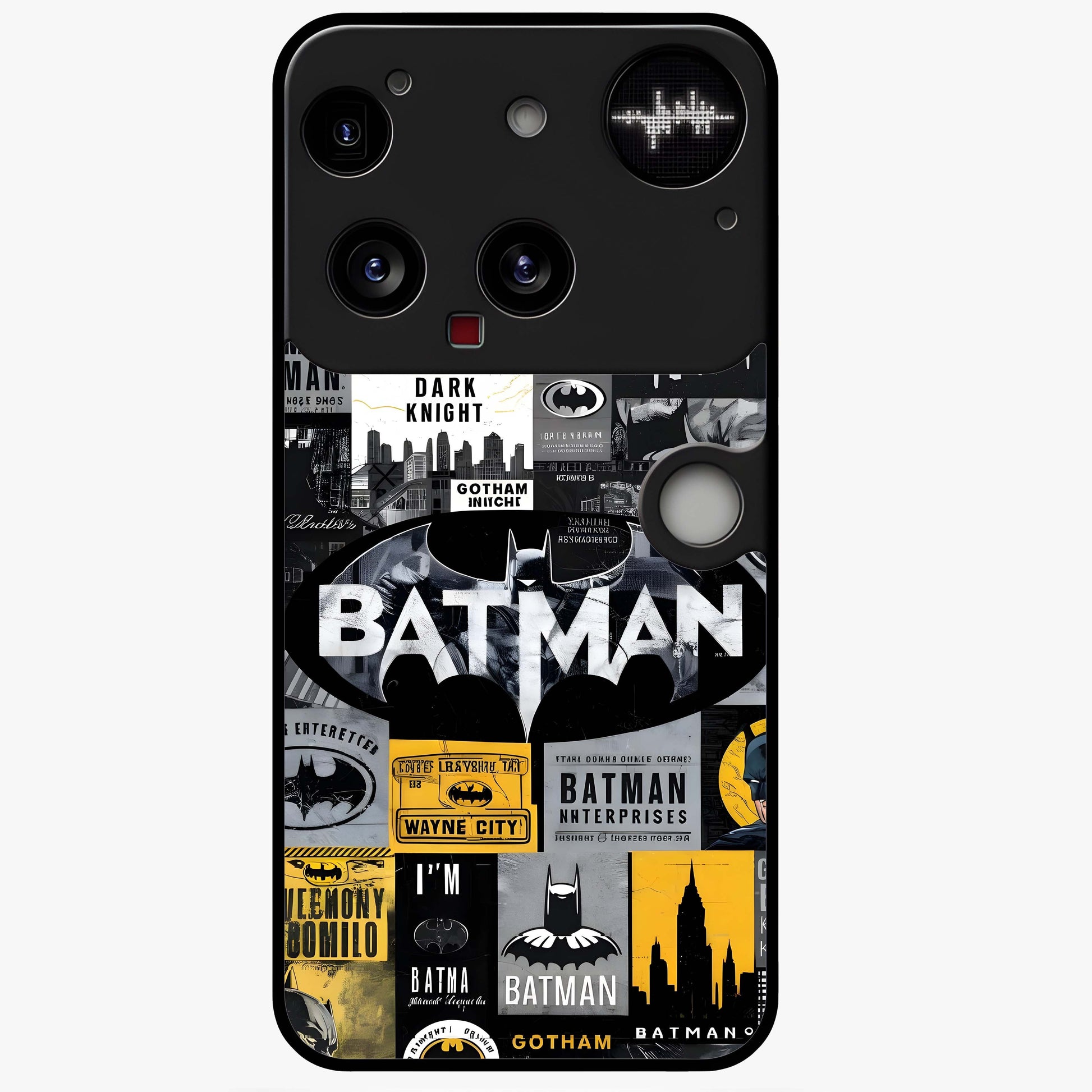 Knight Gotham Rise Glass Case showing flat back view with dark hero inspired artwork and glossy glass finish.