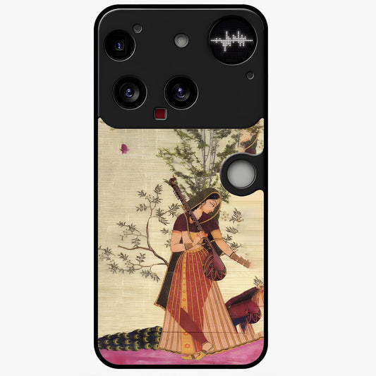 Lady With Veena Art Glass Case showing flat back view with elegant woman playing veena artwork and glossy glass finish.