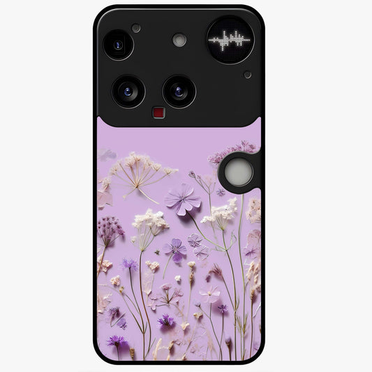 Lavender Blossom Dream Glass Case showing flat back view with soft lavender floral artwork and glossy glass finish.