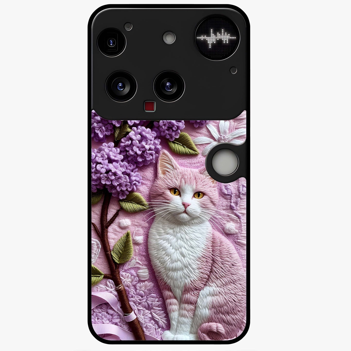 Lavender Cat Whimsy Glass Case showing flat back view with cute lavender cat artwork and glossy glass finish.