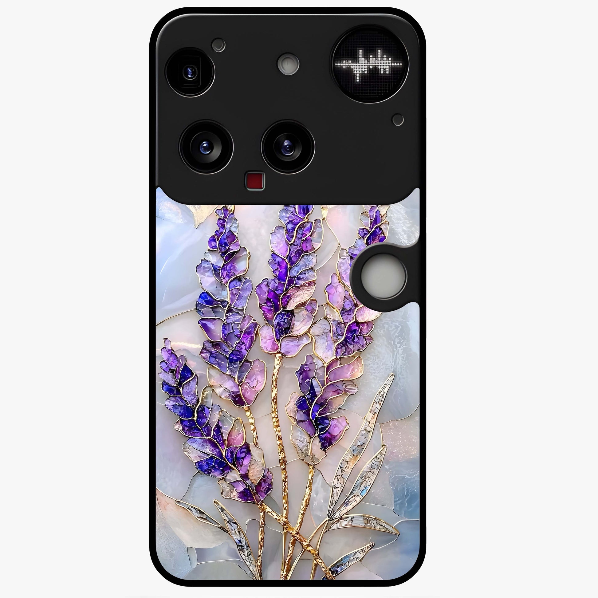 Lavender Dream Glow Glass Case showing flat back view with glowing lavender aesthetic artwork and glossy glass finish.