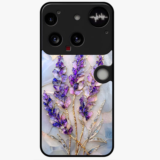 Lavender Dream Glow Glass Case showing flat back view with glowing lavender aesthetic artwork and glossy glass finish.