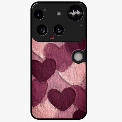 Layered Paper Hearts Glass Case showing flat back view with layered paper heart artwork and glossy glass finish.
