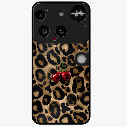 Leopard Wild Cherry Glass Case showing flat back view with leopard pattern and cherry artwork and glossy glass finish.