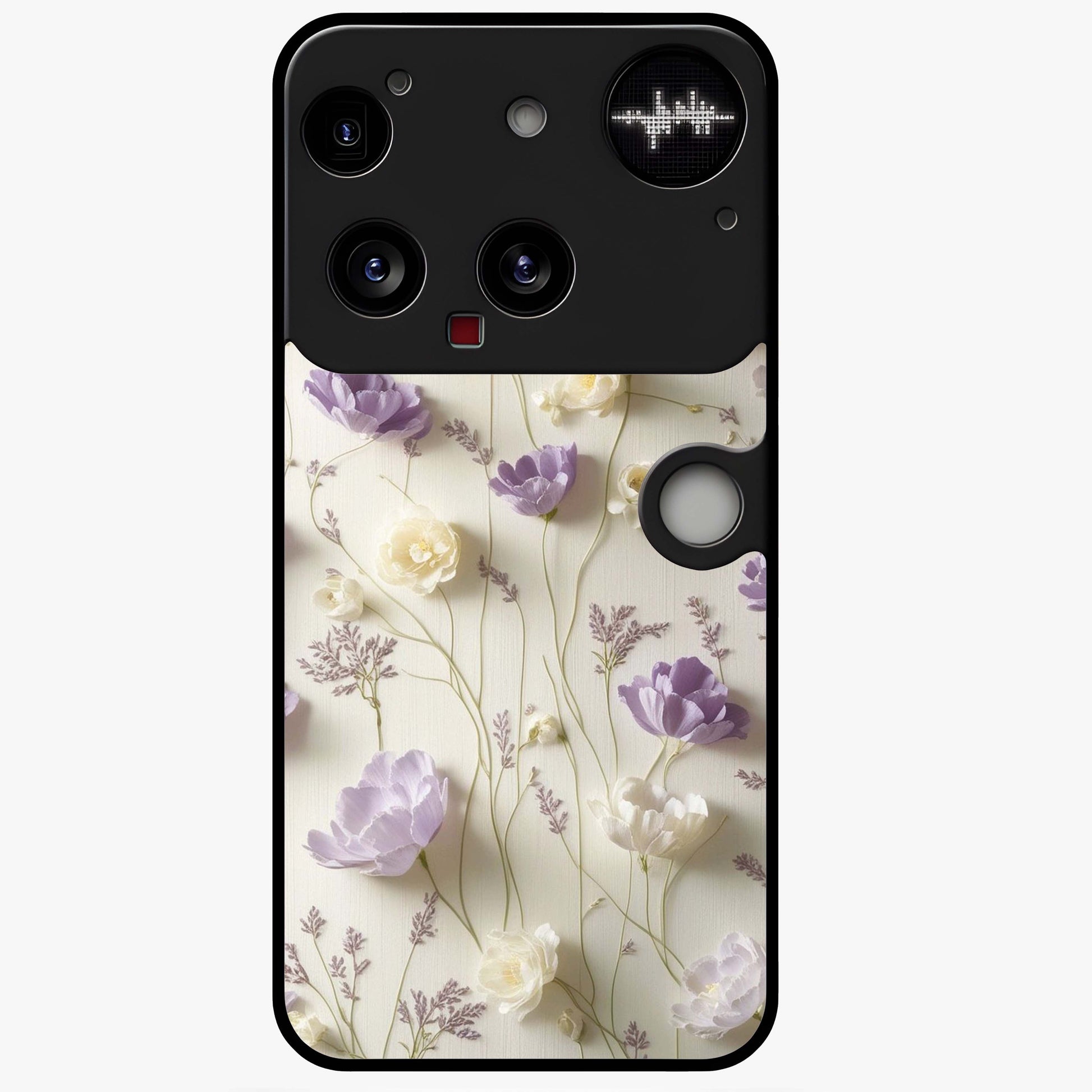 Lilac Breeze Harmony Glass Case showing flat back view with soft lilac themed artwork and glossy glass finish.
