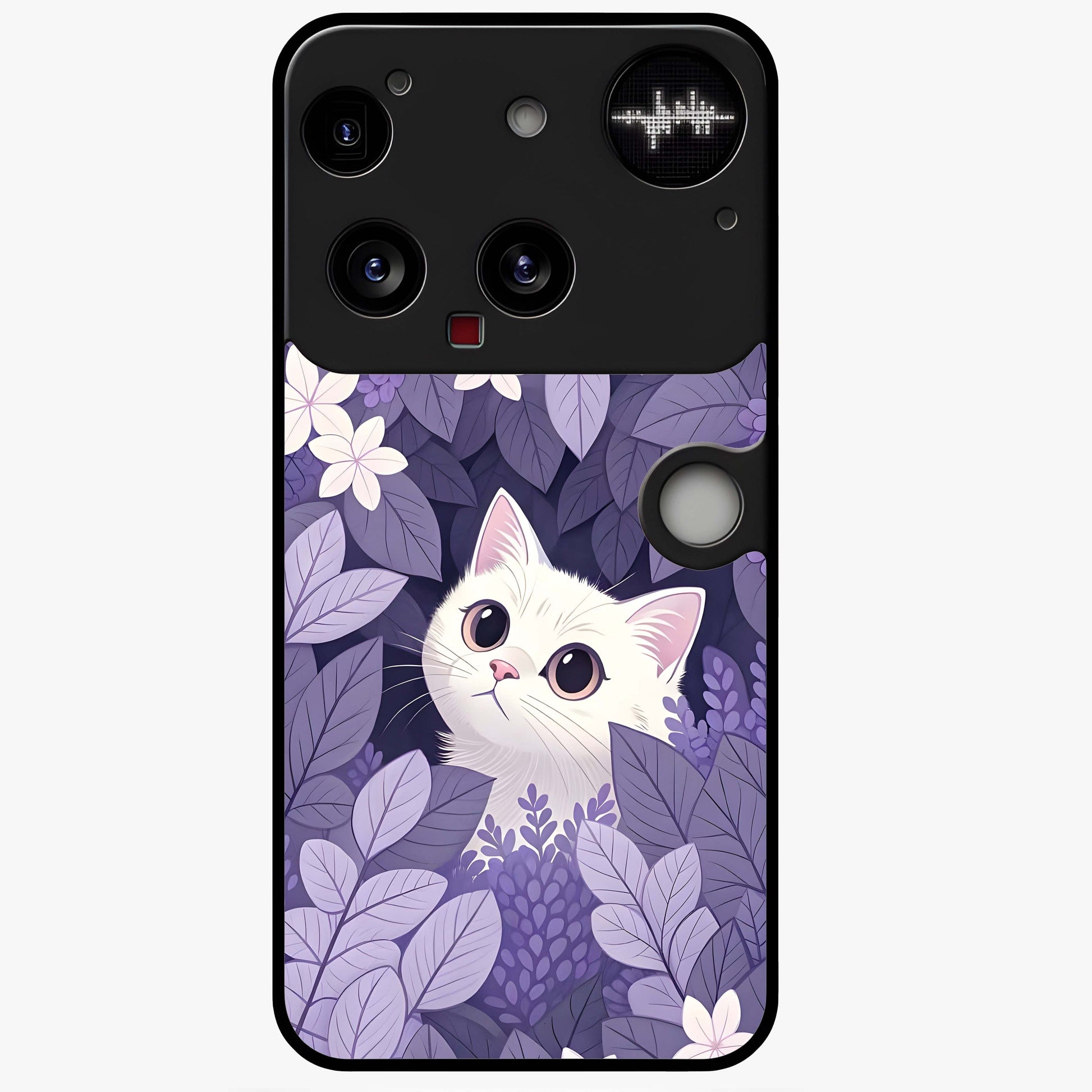 Lilac Hide Peek Cat Glass Case showing flat back view with cute peeking cat artwork and glossy glass finish.
