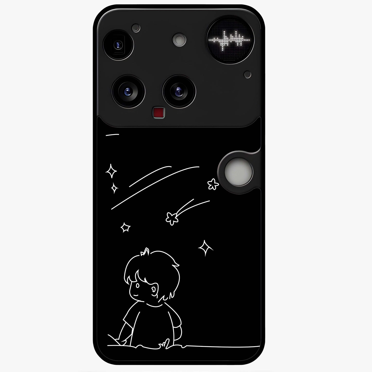 Line Art Boy With Shooting Stars Glass Case showing flat back view with minimal line art boy and shooting stars illustration and glossy glass finish.