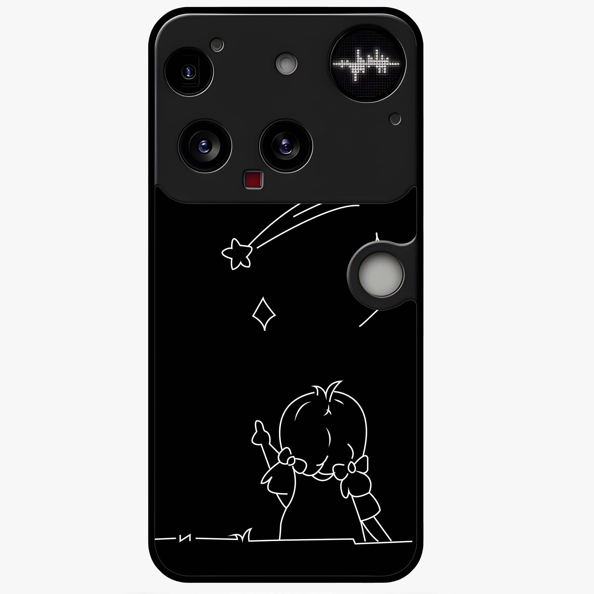 Line Art Girl With Shooting Stars Glass Case showing flat back view with minimal line art girl and shooting stars illustration and glossy glass finish.
