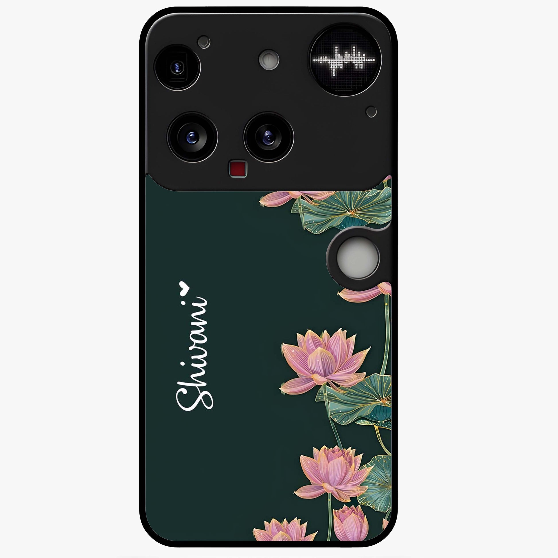 Lotus Bloom Serenity Custom Name Glass Case showing flat back view with elegant lotus flower artwork and personalized name design.