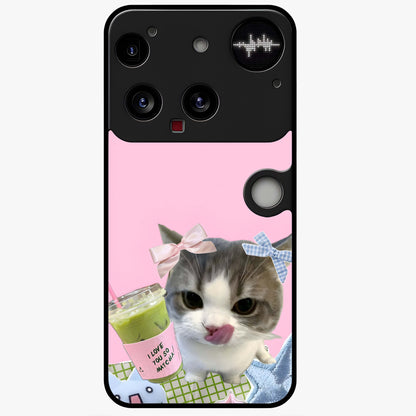 Love Matcha Cat Glass Case showing flat back view with cute cat and matcha themed artwork and glossy glass finish.