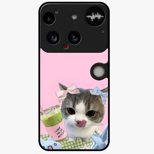Love Matcha Cat Glass Case showing flat back view with cute cat and matcha themed artwork and glossy glass finish.