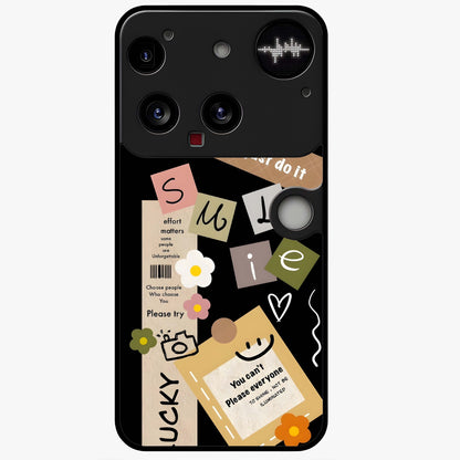 Lucky Aesthetic Collage Glass Case showing flat back view with trendy aesthetic collage artwork and glossy glass finish.