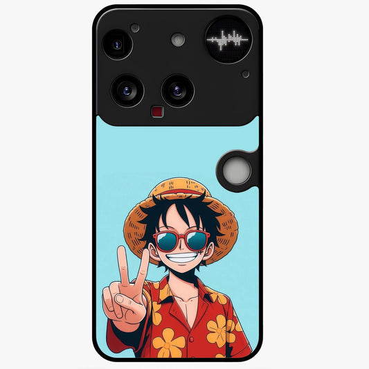 Luffy Summer Anime Vibe Glass Case showing flat back view with vibrant anime character artwork and glossy glass finish.