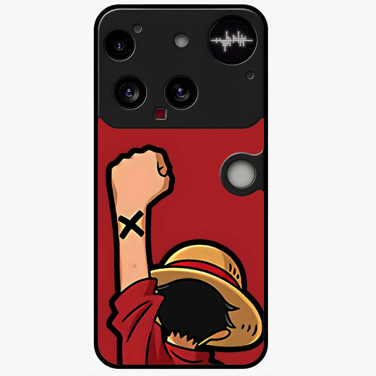 Luffy X Spirit Glass Case showing flat back view with bold anime character artwork and glossy glass finish.