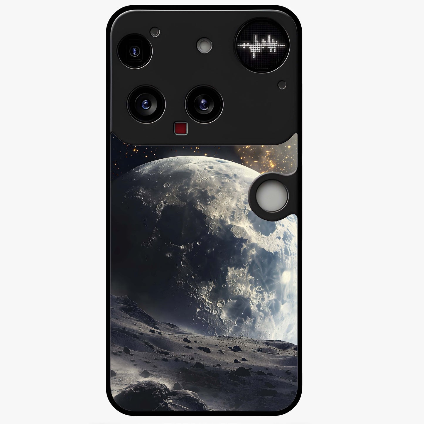 Lunar Horizon Glow Glass Case showing flat back view with glowing moon horizon artwork and glossy glass finish.