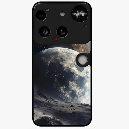 Lunar Horizon Glow Glass Case showing flat back view with glowing moon horizon artwork and glossy glass finish.