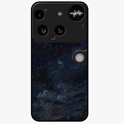 Lunar Veil Silence Glass Case showing flat back view with mystical moon veil artwork and glossy glass finish.