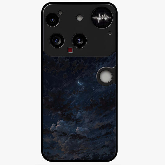 Lunar Veil Silence Glass Case showing flat back view with mystical moon veil artwork and glossy glass finish.