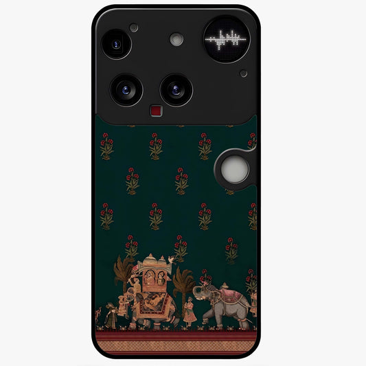 Macmerise Glass Case showing flat back view with stylish modern artwork and glossy glass finish.