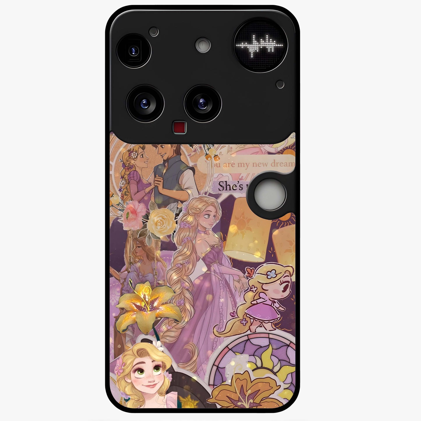 Magical Tangled Dream Glass Case showing flat back view with dreamy tangled artwork and glossy glass finish.