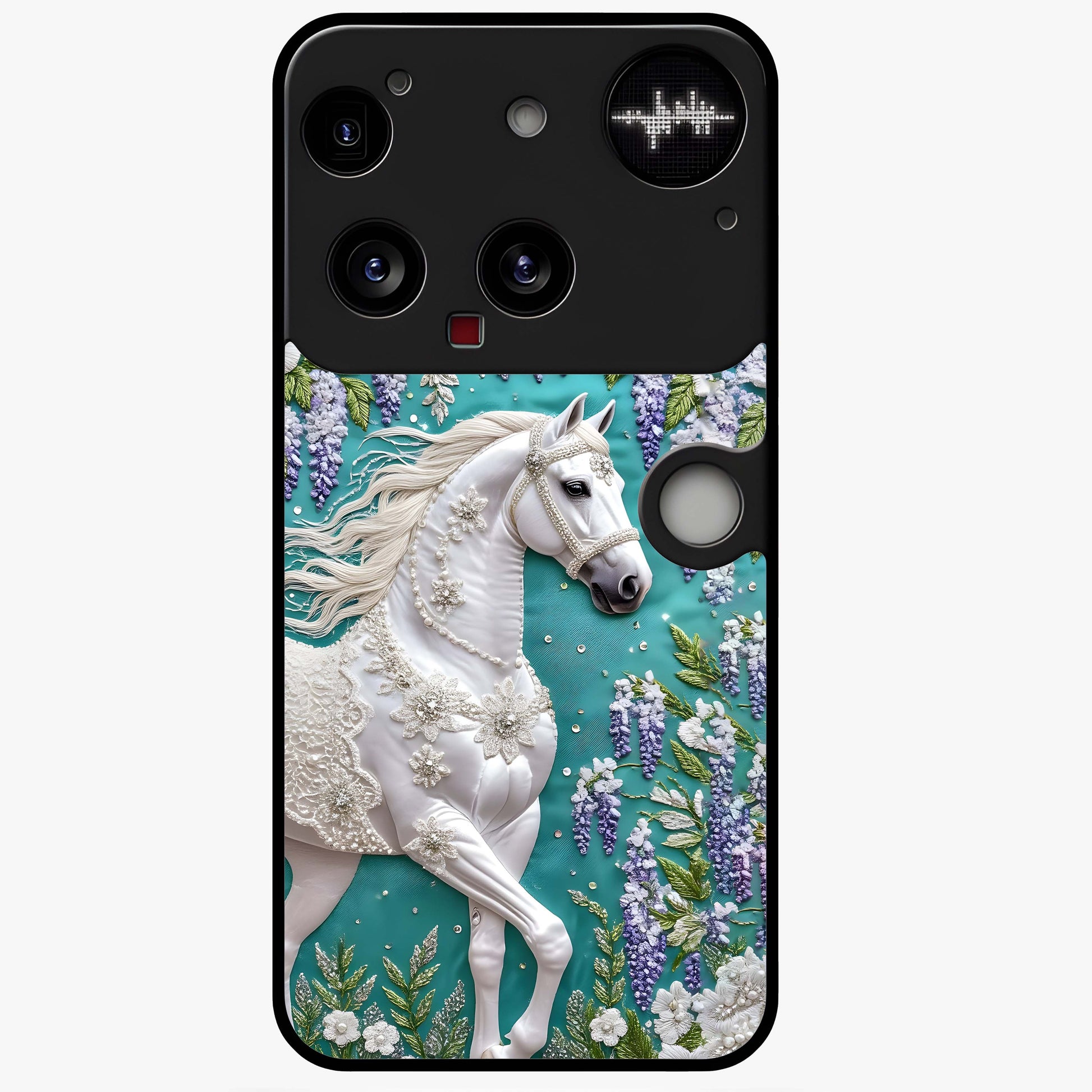Majestic Floral Stallion Glass Case showing flat back view with powerful horse and floral artwork and glossy glass finish.