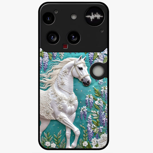 Majestic Floral Stallion Glass Case showing flat back view with powerful horse and floral artwork and glossy glass finish.