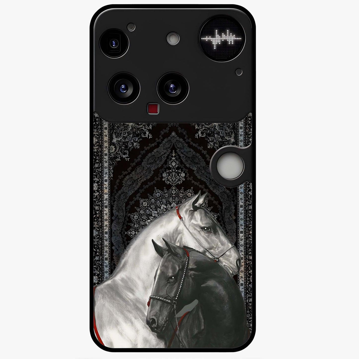 Majestic Ride Legacy Glass Case showing flat back view with powerful automotive inspired artwork and glossy glass finish.