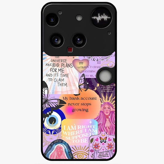 Manifestation Collage Glass Case showing flat back view with motivational collage artwork and glossy glass finish.