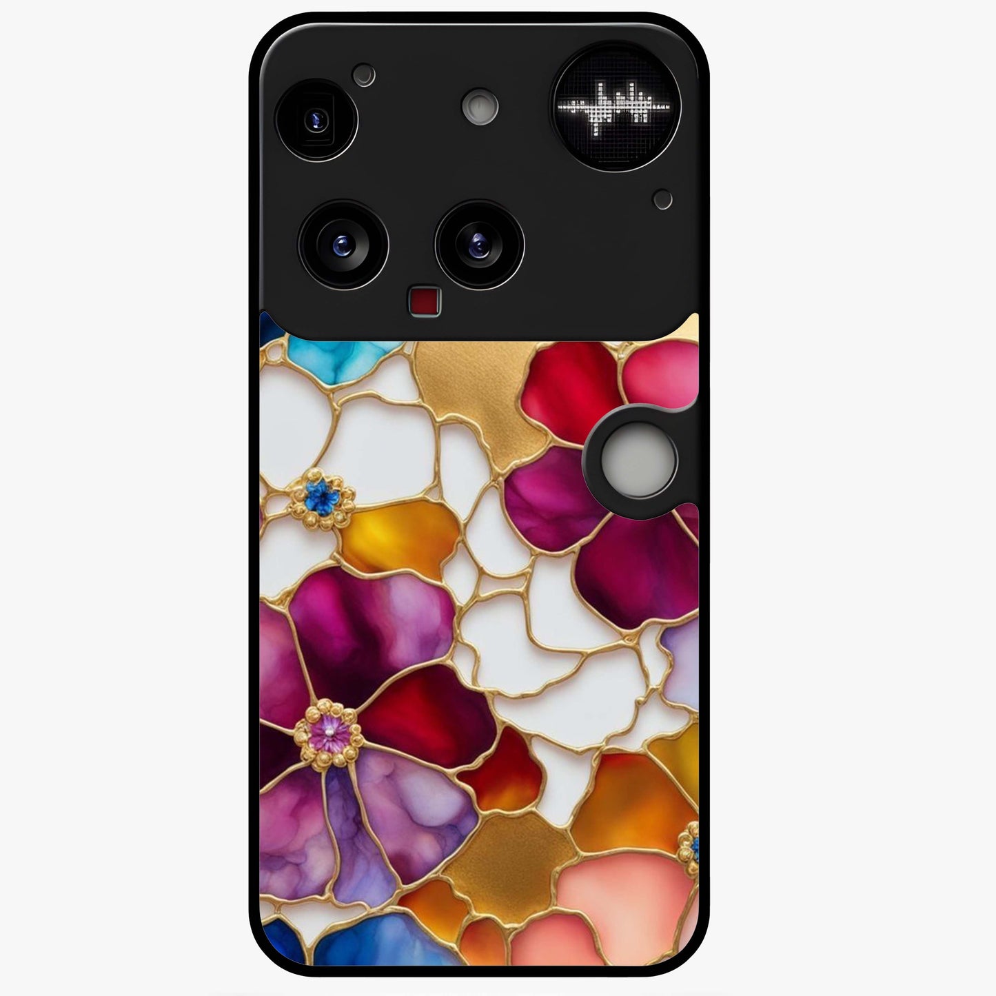 Marble Flower Pattern Glass Case showing flat back view with marble texture floral artwork and glossy glass finish.