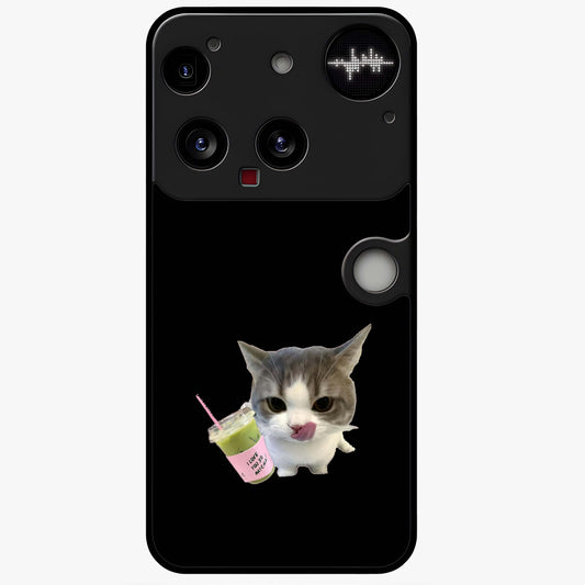 Matcha Cat Style Glass Case showing flat back view with cute matcha themed cat artwork and glossy glass finish.