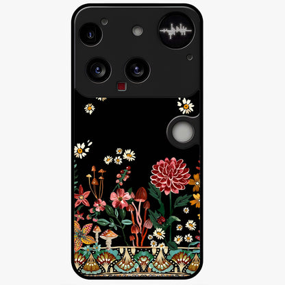 Midnight Bloom Pattern Glass Case showing flat back view with dark floral pattern artwork and glossy glass finish.