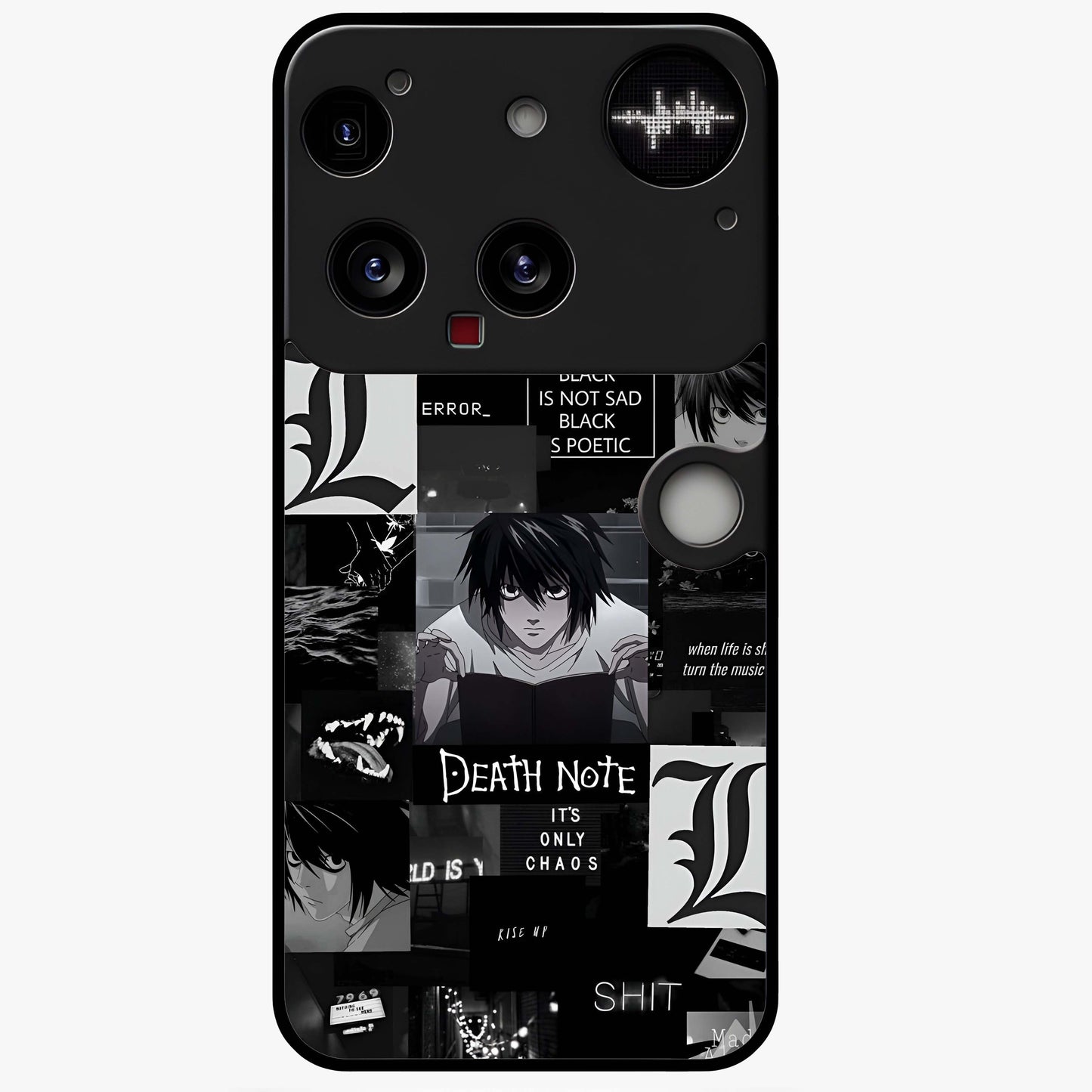 Midnight Chaos Mind Glass Case showing flat back view with abstract dark themed artwork and glossy glass finish.