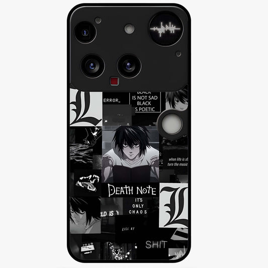 Midnight Chaos Mind Glass Case showing flat back view with abstract dark themed artwork and glossy glass finish.
