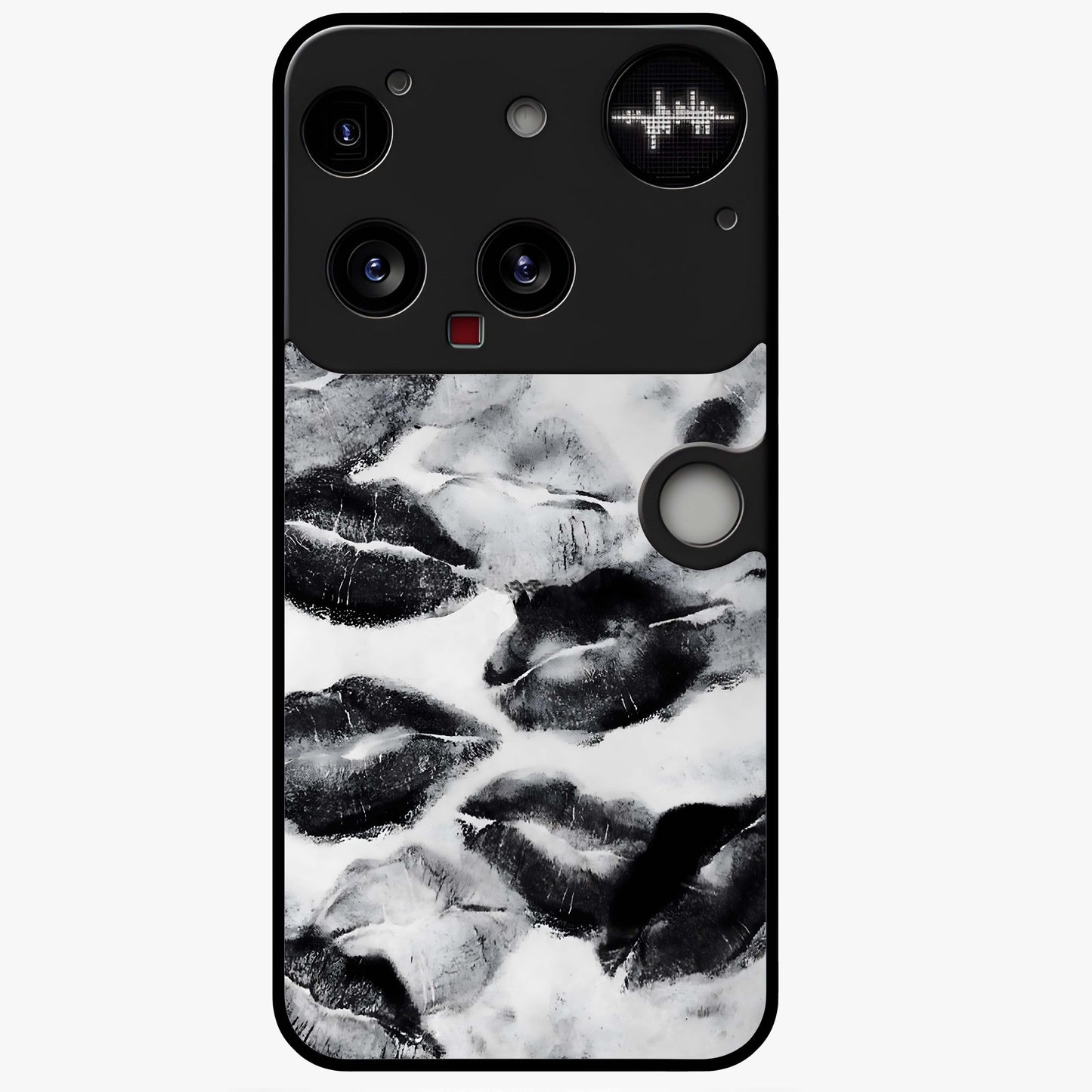 Midnight Kiss Marks Glass Case showing flat back view with lipstick kiss mark artwork and glossy glass finish.