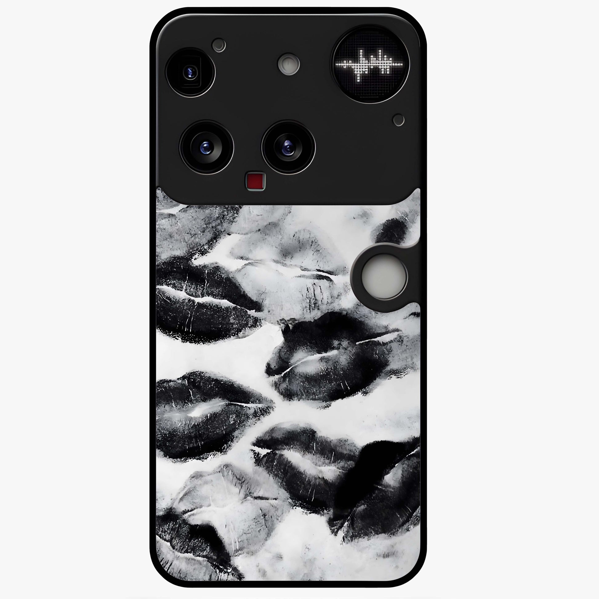 Midnight Kiss Marks Glass Case showing flat back view with lipstick kiss mark artwork and glossy glass finish.