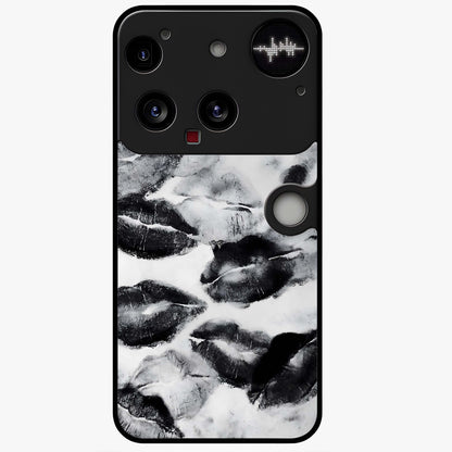 Midnight Kiss Marks Glass Case showing flat back view with lipstick kiss mark artwork and glossy glass finish.