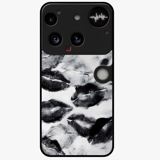 Midnight Kiss Marks Glass Case showing flat back view with lipstick kiss mark artwork and glossy glass finish.